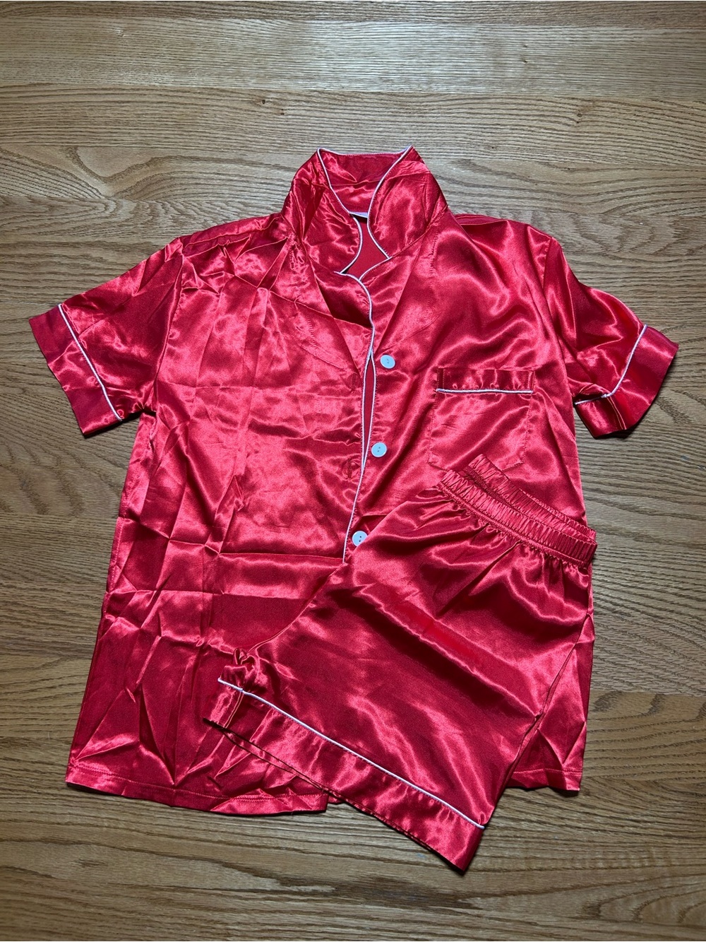 Amazon Red Satin Short Sleeve Pajama Set with Contrast Piping